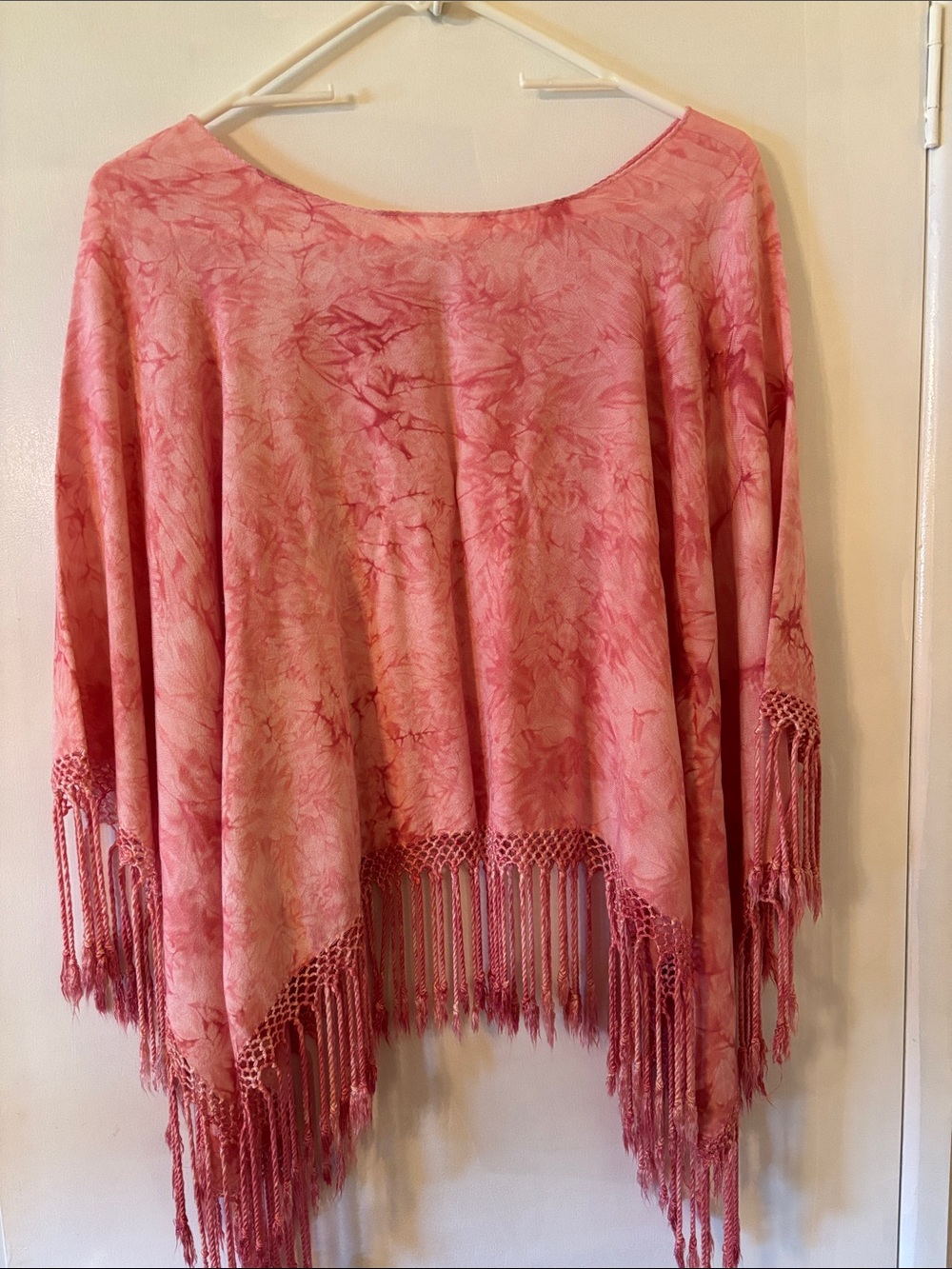 Tie-Dye Fringe Poncho Sweater in Light Pink